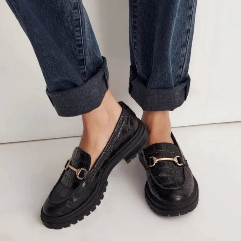 Madewell Women's Bradley Hardware Lugsole Loafer Croc Embossed Leather Black 7